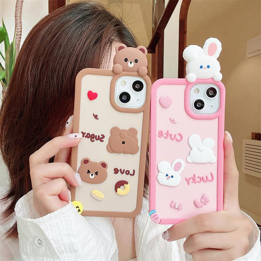 3D Cartoon Bear and Rabbit Phone Case（GL）