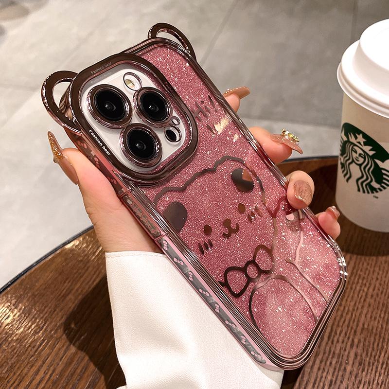 Funda linda para teléfono con diseño de oso y lazo con purpurina para iPhone 