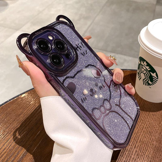 Funda linda para teléfono con diseño de oso y lazo con purpurina para iPhone 