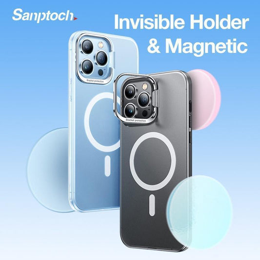 LZ-Sanptoch Magnetic Invisible Holder Phone Case For 12 / 13 Pro Max Shockproof Cover For 13 Slim Transparent Matte Protective Casing - Aumoo